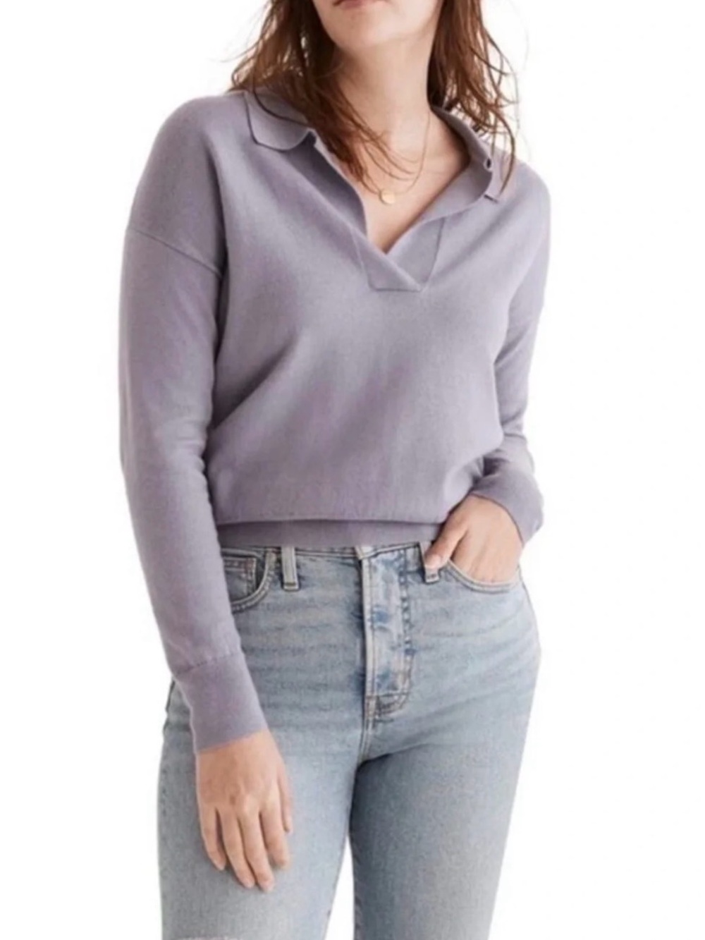 Madewell 100% Merino Wool Collared Knit Pullover Sweater V Neck Open Polo M